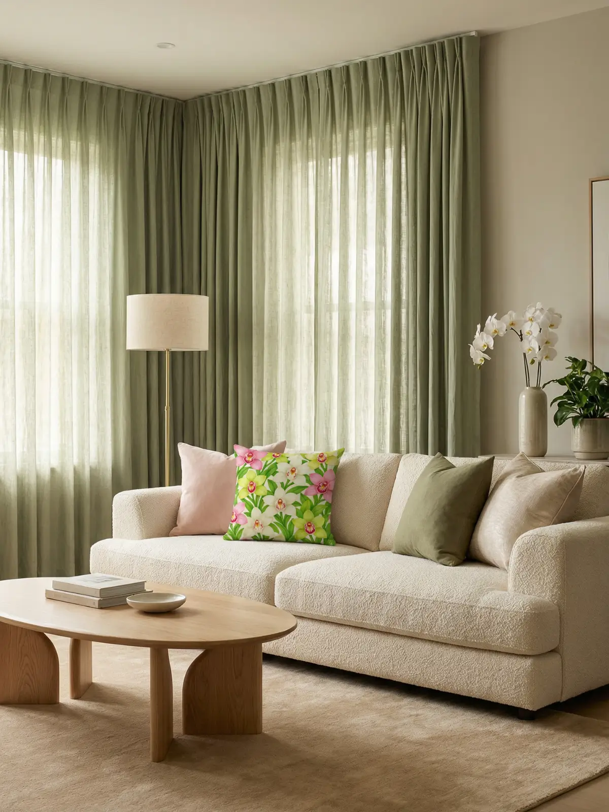 Luxury modern living room with sage green curtains, cream sofa, orchid botanical pillows, and warm layered lighting
