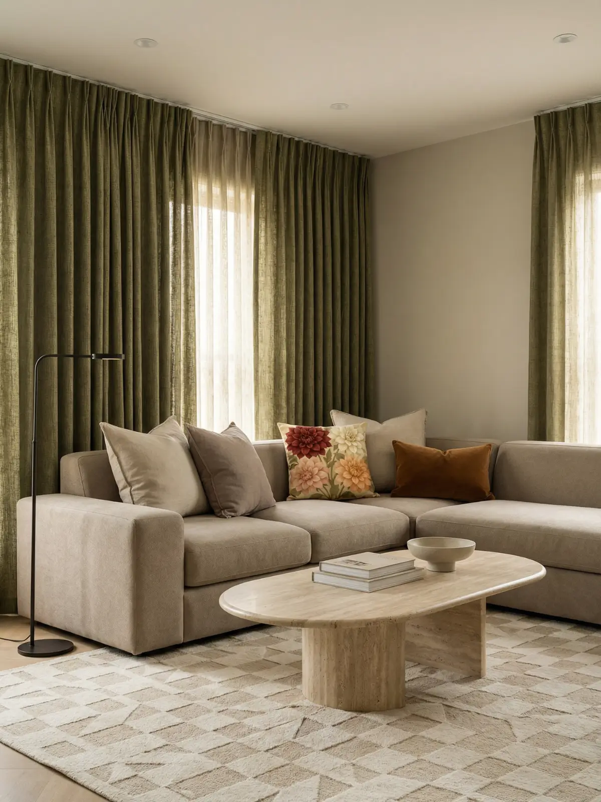 High-end living room with olive green curtains, stone sectional sofa, and dahlia vintage floral pillow