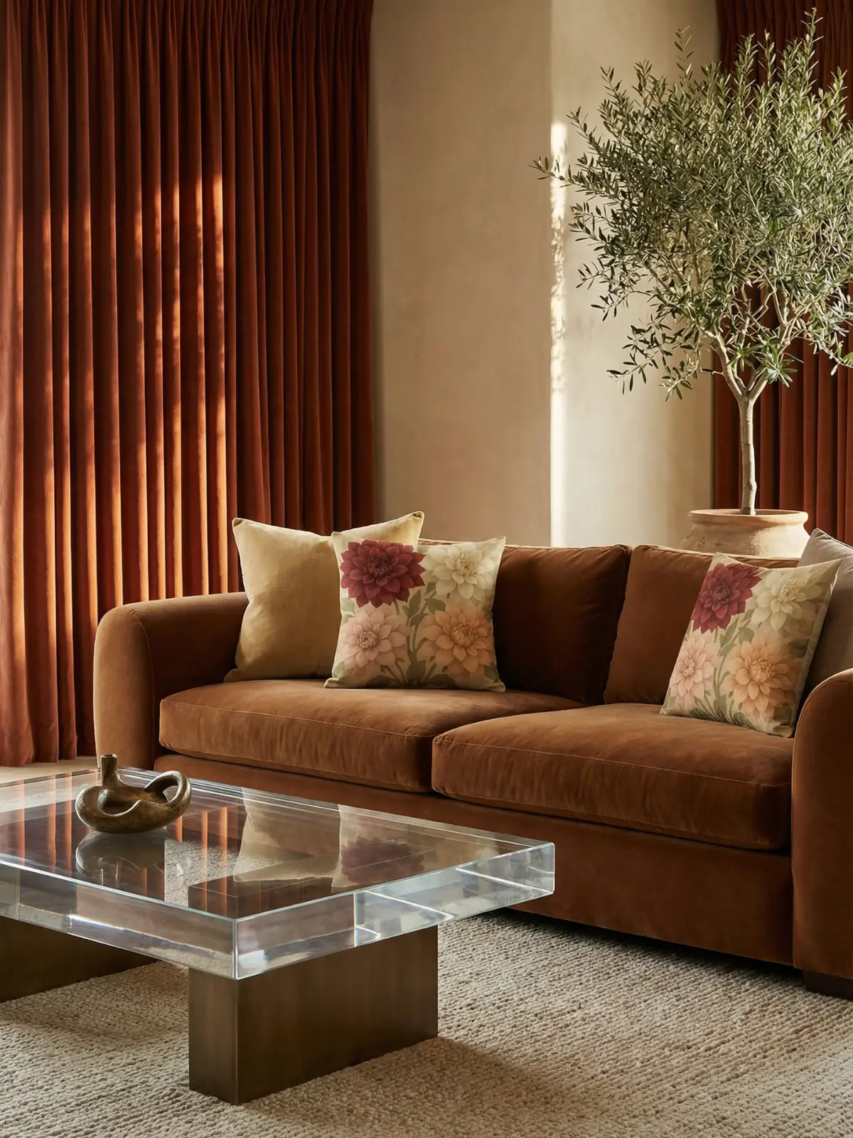 Vintage luxury living room with terracotta velvet curtains, cognac velvet sofa, sculptural glass coffee table, and dahlia floral pillows