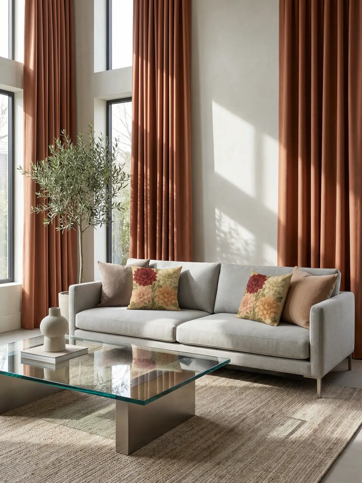 Modern European living room with terracotta curtains, stone-gray sofa, architectural glass coffee table, and dahlia floral pillows