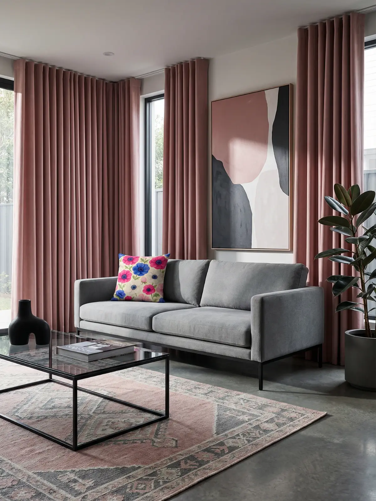 Luxury contemporary living room with dusty rose curtains and Anemone Watercolor Pillow on a stone-gray sofa