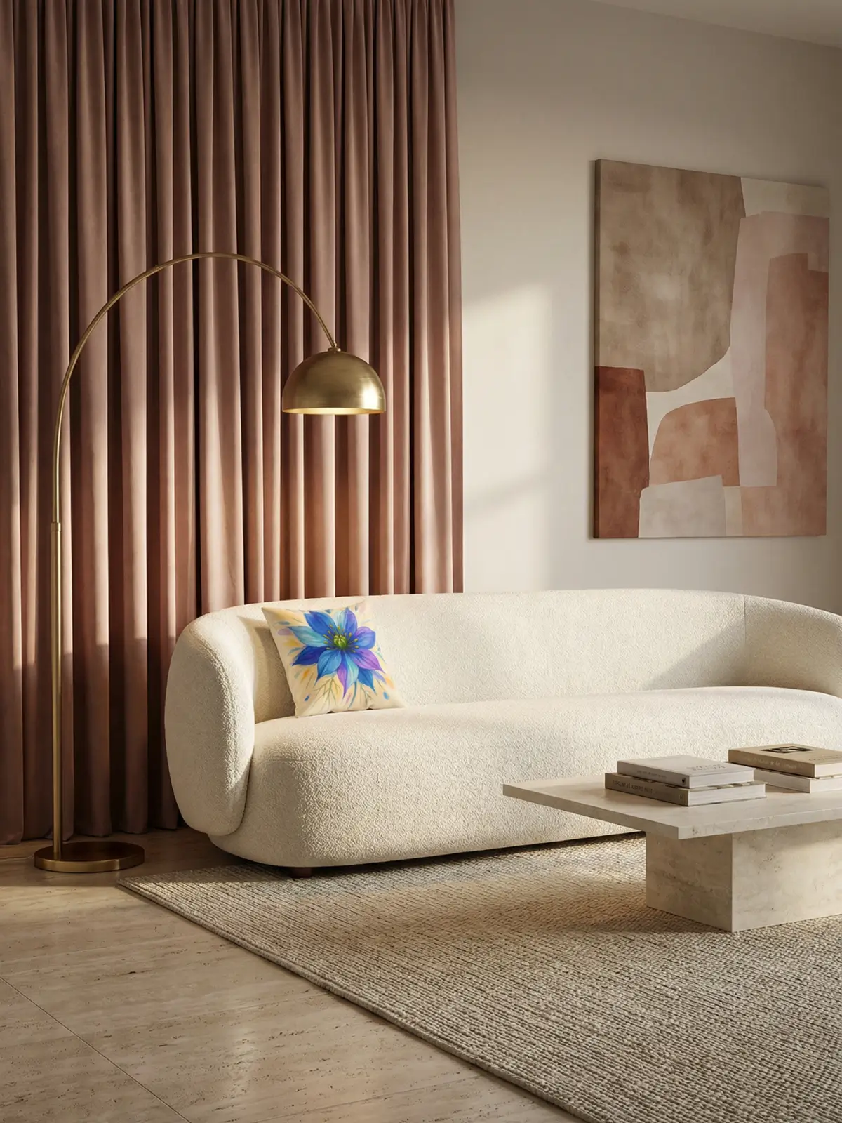 Luxury contemporary living room with dusty rose curtains and Nigella Abstract Cream Pillow on an ivory bouclé sofa