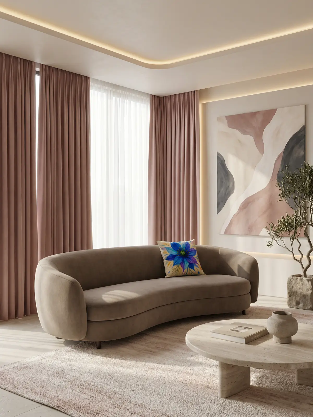 Editorial brutalist loft living room with dusty rose velvet sofa and Nigella abstract cream pillow