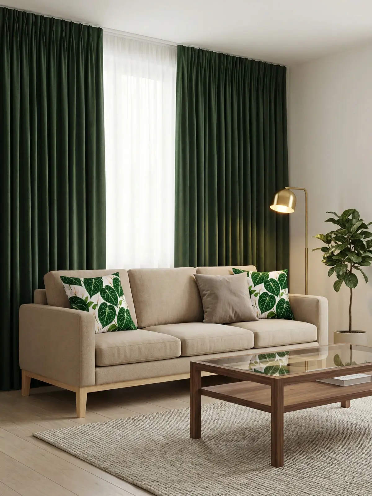 Beige sofa with dark green blackout curtains and anthurium crystallinum pillows in a professional contemporary living room