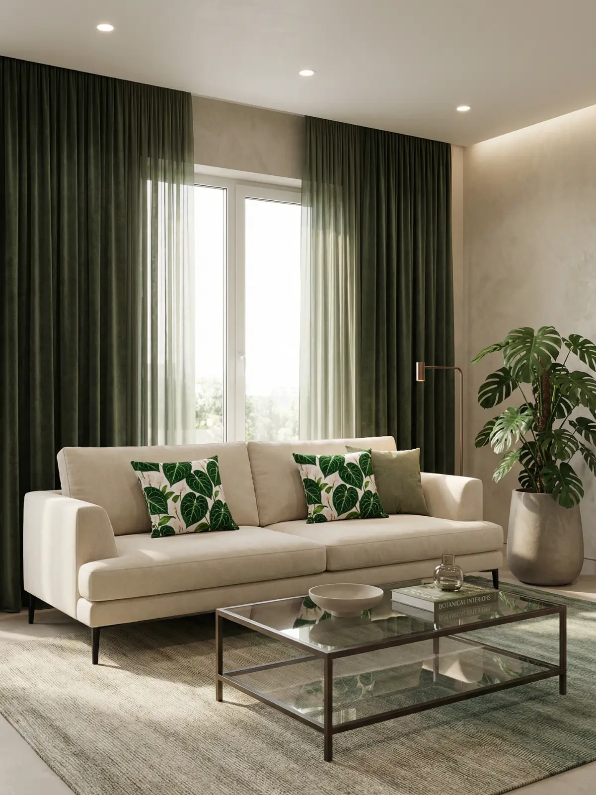 Urban botanical living room with dark green curtains, ivory sofa, and anthurium crystallinum floral pillows
