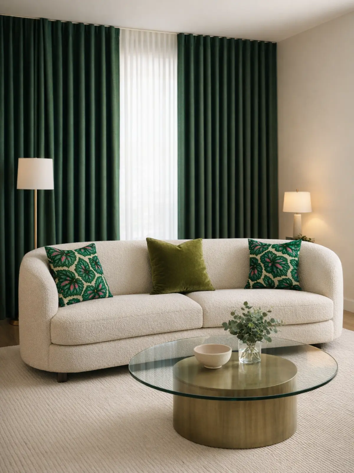 Curved ivory sofa with dark green woven curtains and begonia rex modern pillows in a luxury modern living room