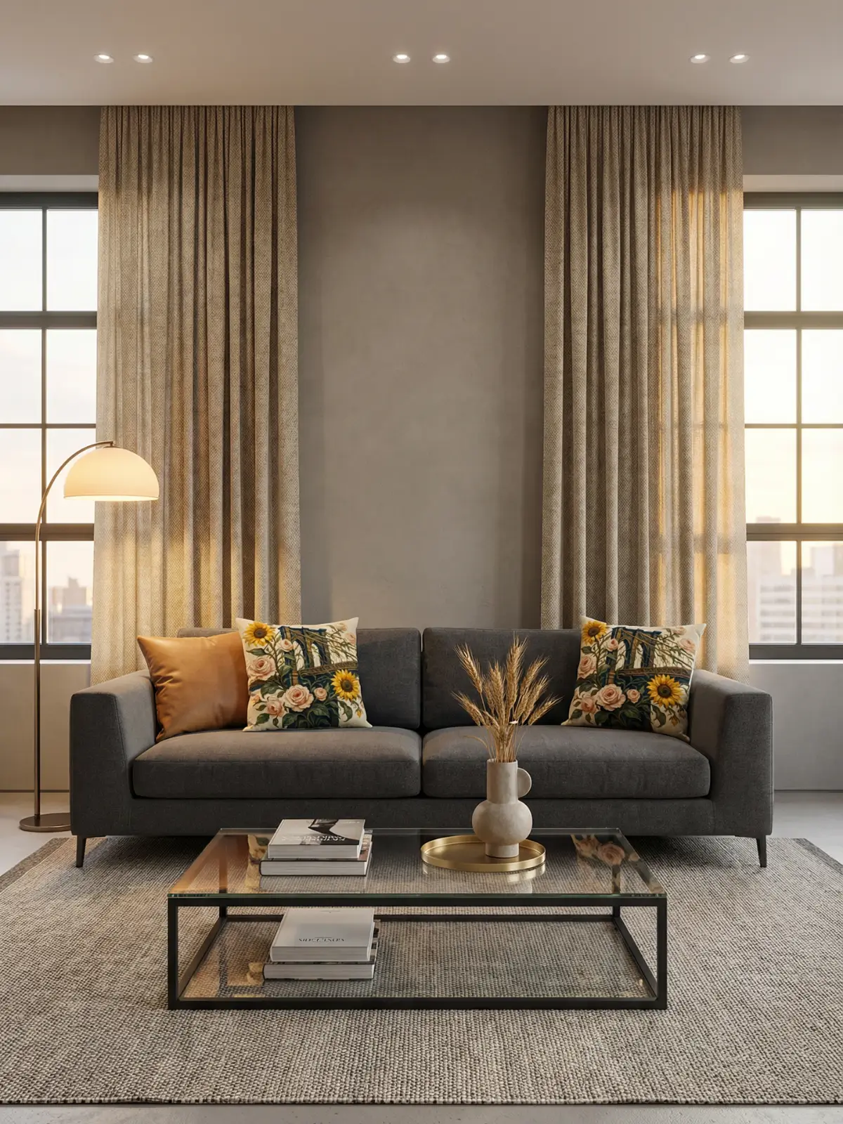New York contemporary living room with blackout beige curtains, charcoal sofa, and Brooklyn Bridge sunflower rose pillows