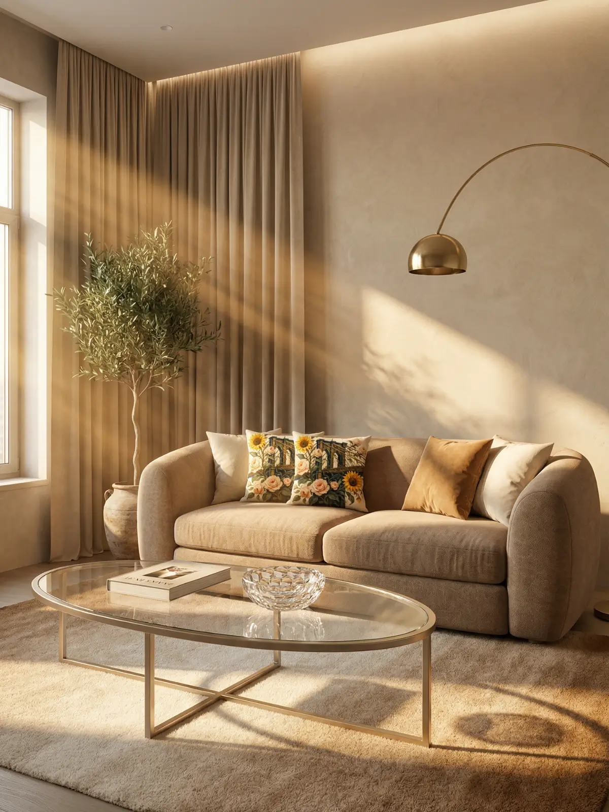 Golden hour boutique loft with blackout beige curtains, latte chenille sofa, and Brooklyn Bridge sunflower rose pillows