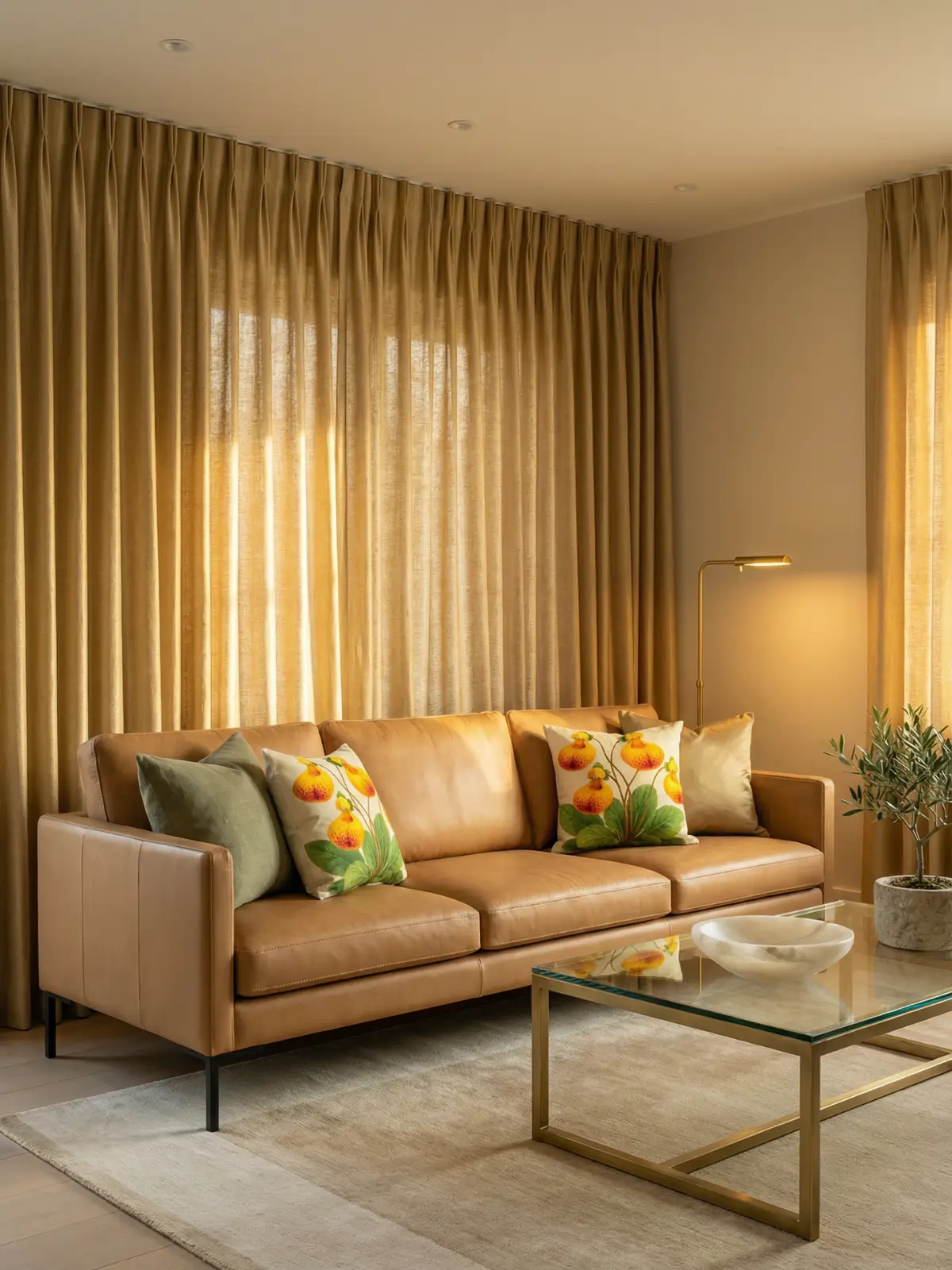 Camel leather sofa with gold satin-matte curtains and calceolaria uniflora watercolor pillows in a refined modern living room