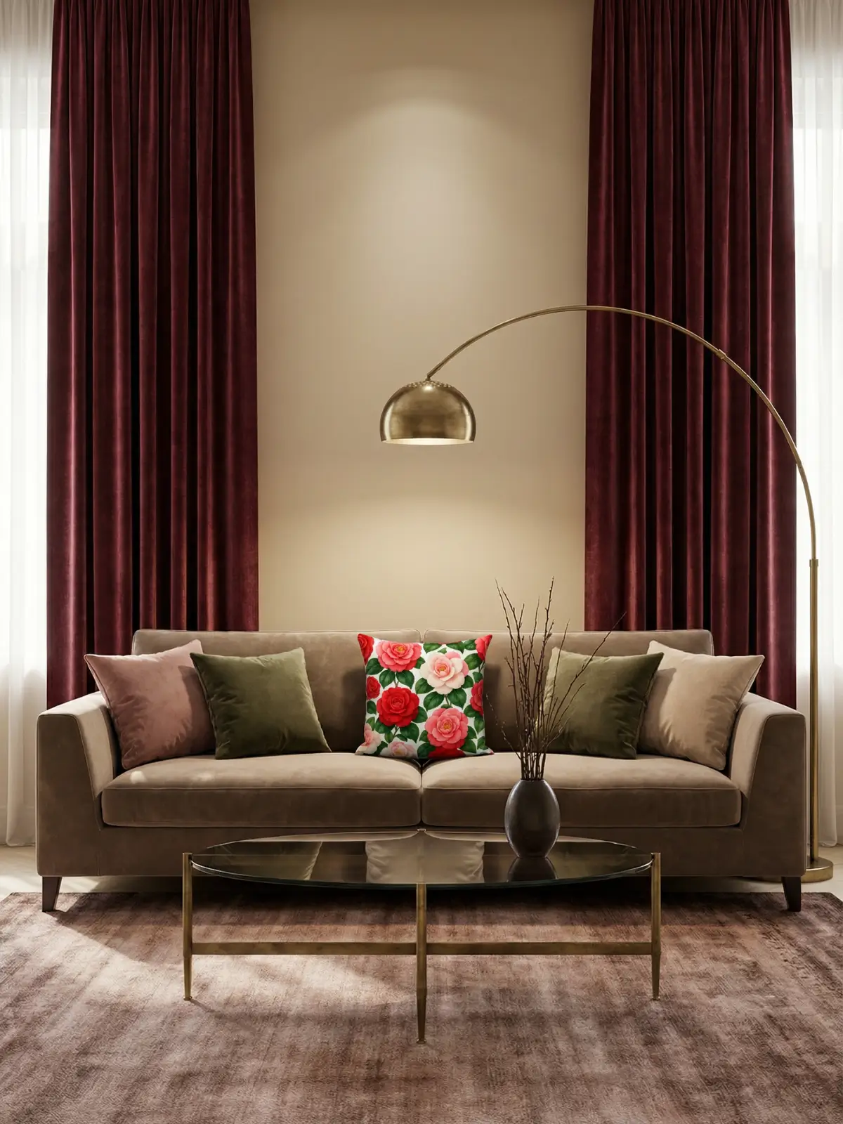 Vintage-modern living room with burgundy velvet curtains, taupe velvet tuxedo sofa, and camellia japonica floral pillows