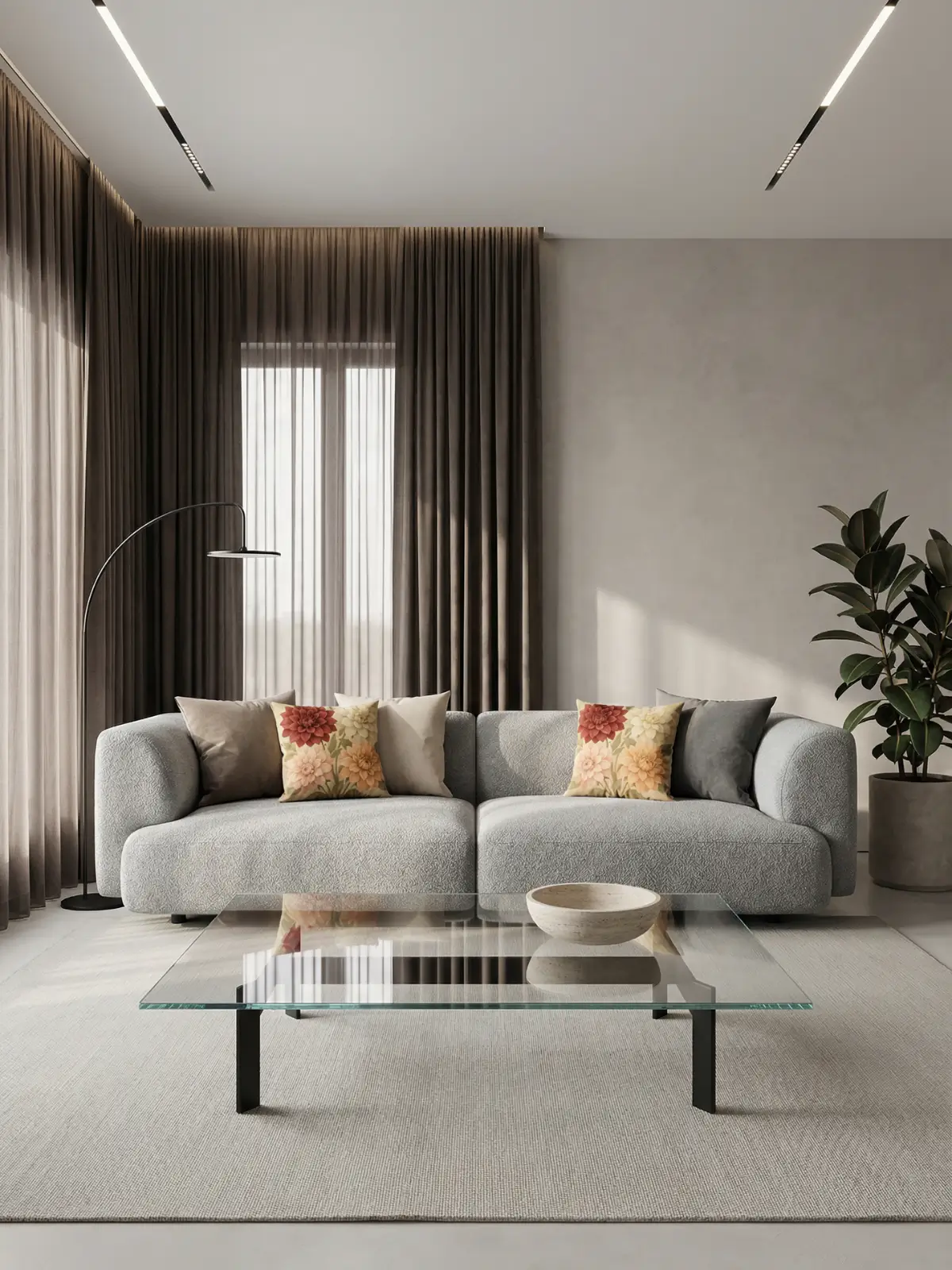 Modern luxury living room with brown curtains, stone gray boucle modular sofa, glass coffee table, and dahlia vintage luxury floral pillows