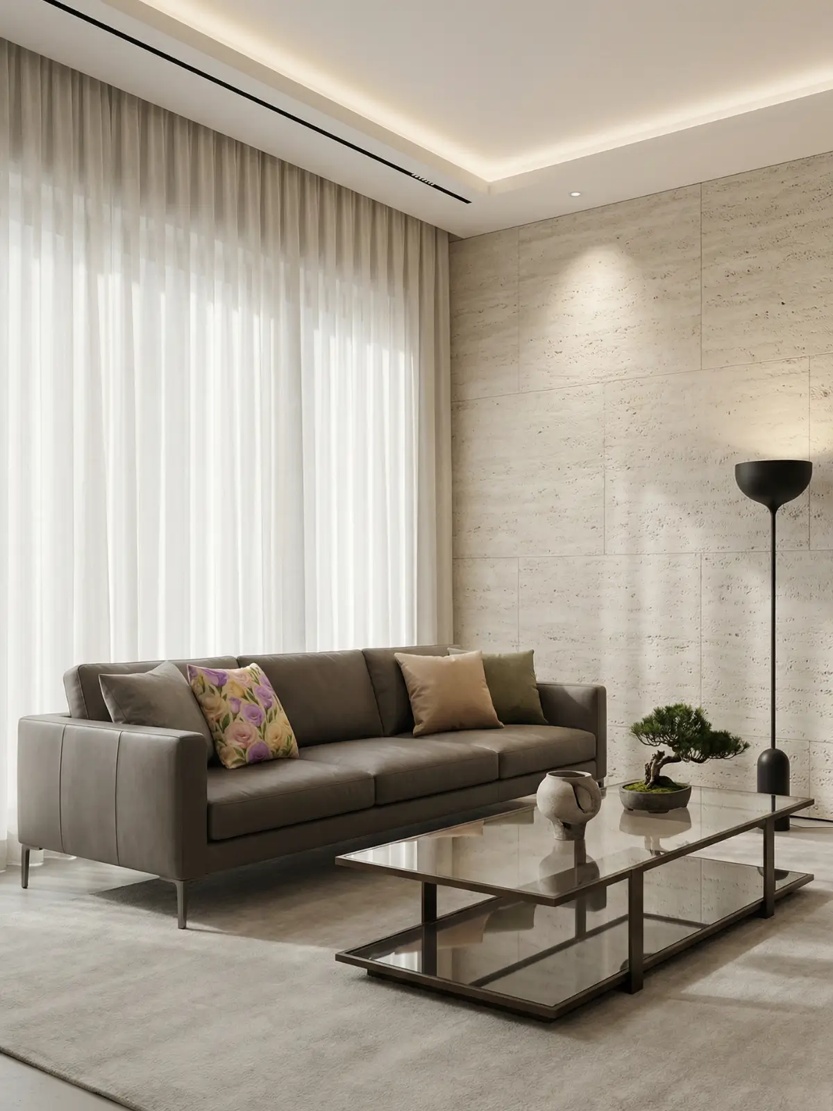 Architectural modern living room with linen sheer curtains, charcoal leather sofa, glass coffee table, and eustoma floral beige pillows
