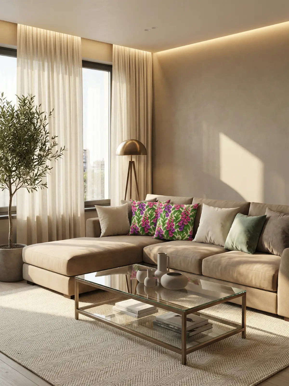Urban modern living room with cream linen curtains, L-shaped sandstone sofa, and foxglove watercolor floral pillows