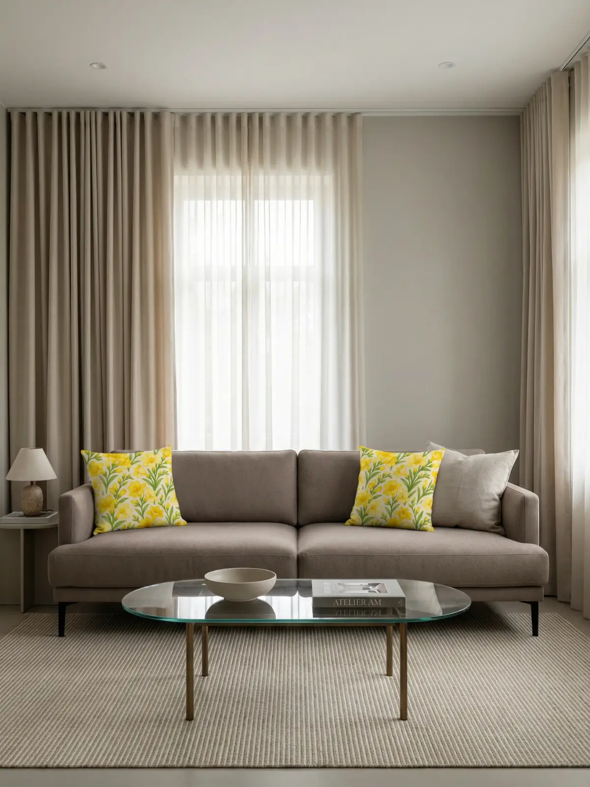 Minimal modern living room with blackout beige curtains, taupe sofa, and freesia watercolor cream pillows