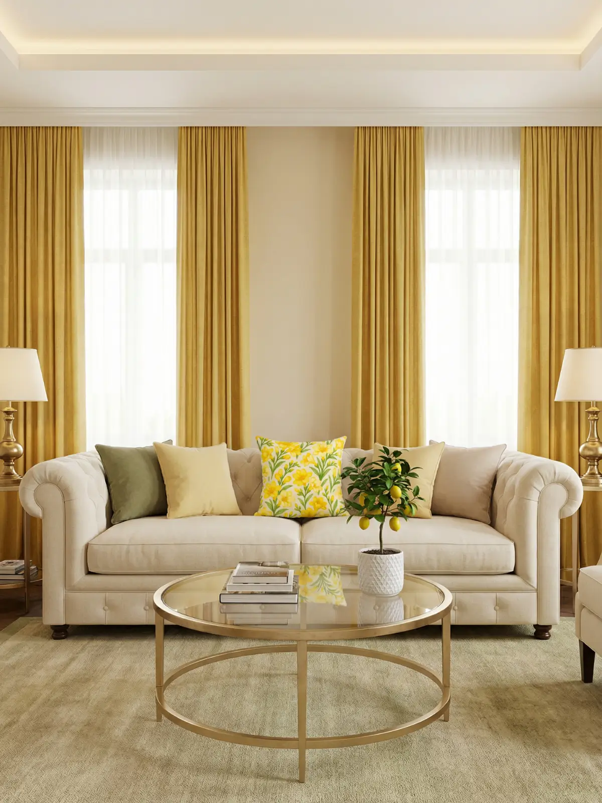 Transitional luxury living room with mustard yellow curtains, ivory Chesterfield sofa, and freesia watercolor floral pillows
