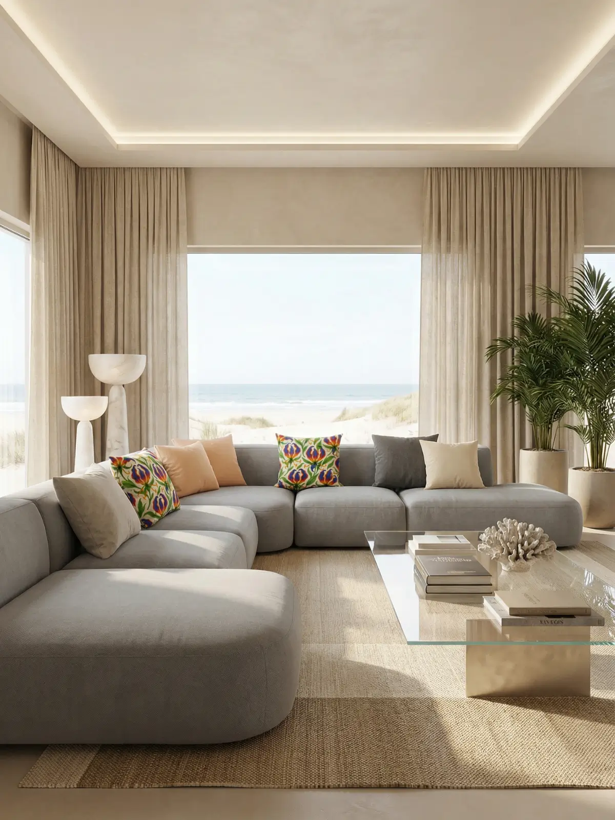 Resort modern living room with sand curtains, U-shaped dove-gray sectional sofa, glass coffee table, and gloriosa superba watercolor floral pillows