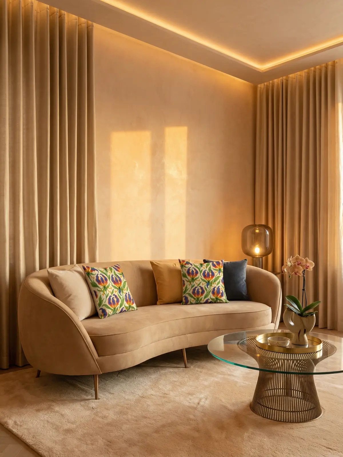 Boutique modern living room with sand raw silk curtains, curved toffee suede sofa, glass coffee table, and gloriosa superba watercolor floral pillows