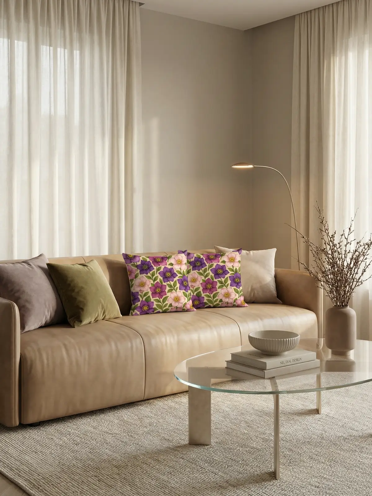Contemporary living room with cream linen curtains, caramel leather sofa, and hellebore floral beige pillows