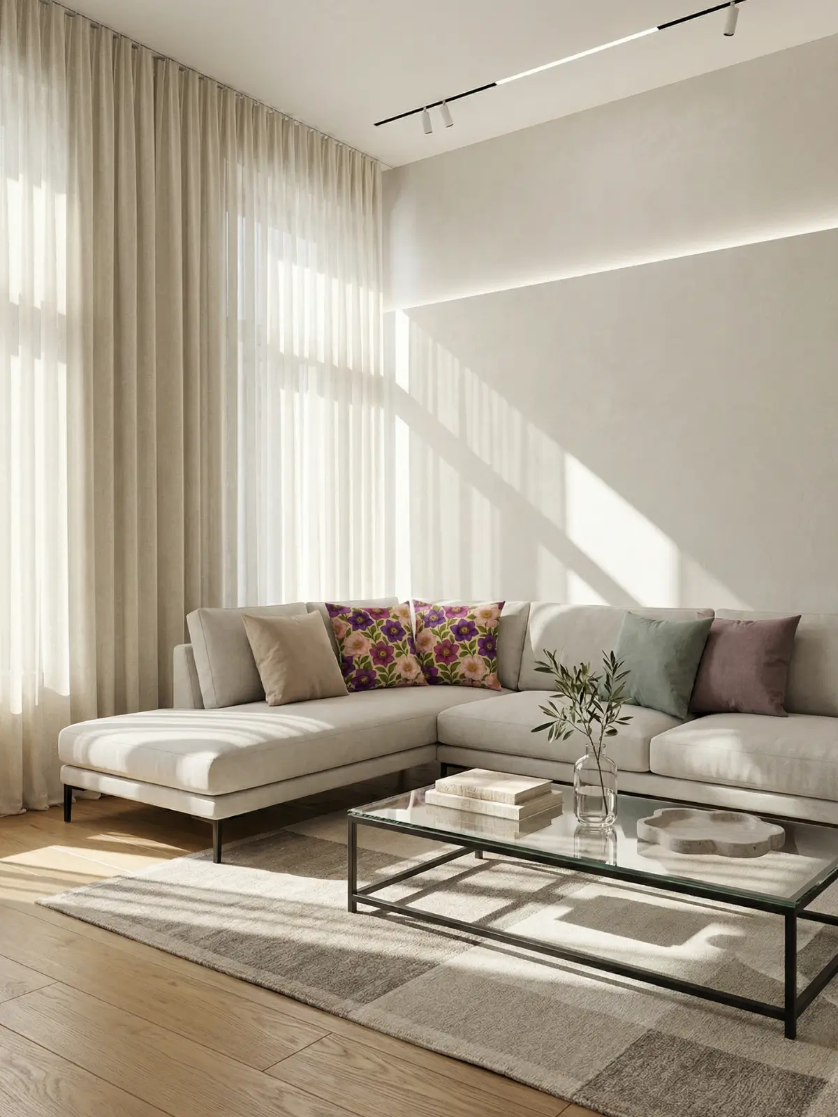 Architectural modern loft with cream linen curtains, chalk-stone L sofa, and hellebore floral beige pillows