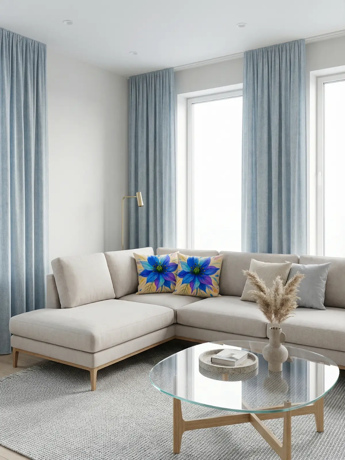 Scandinavian modern living room with light blue curtains, L-shaped pale sand sofa, and nigella abstract cream pillows