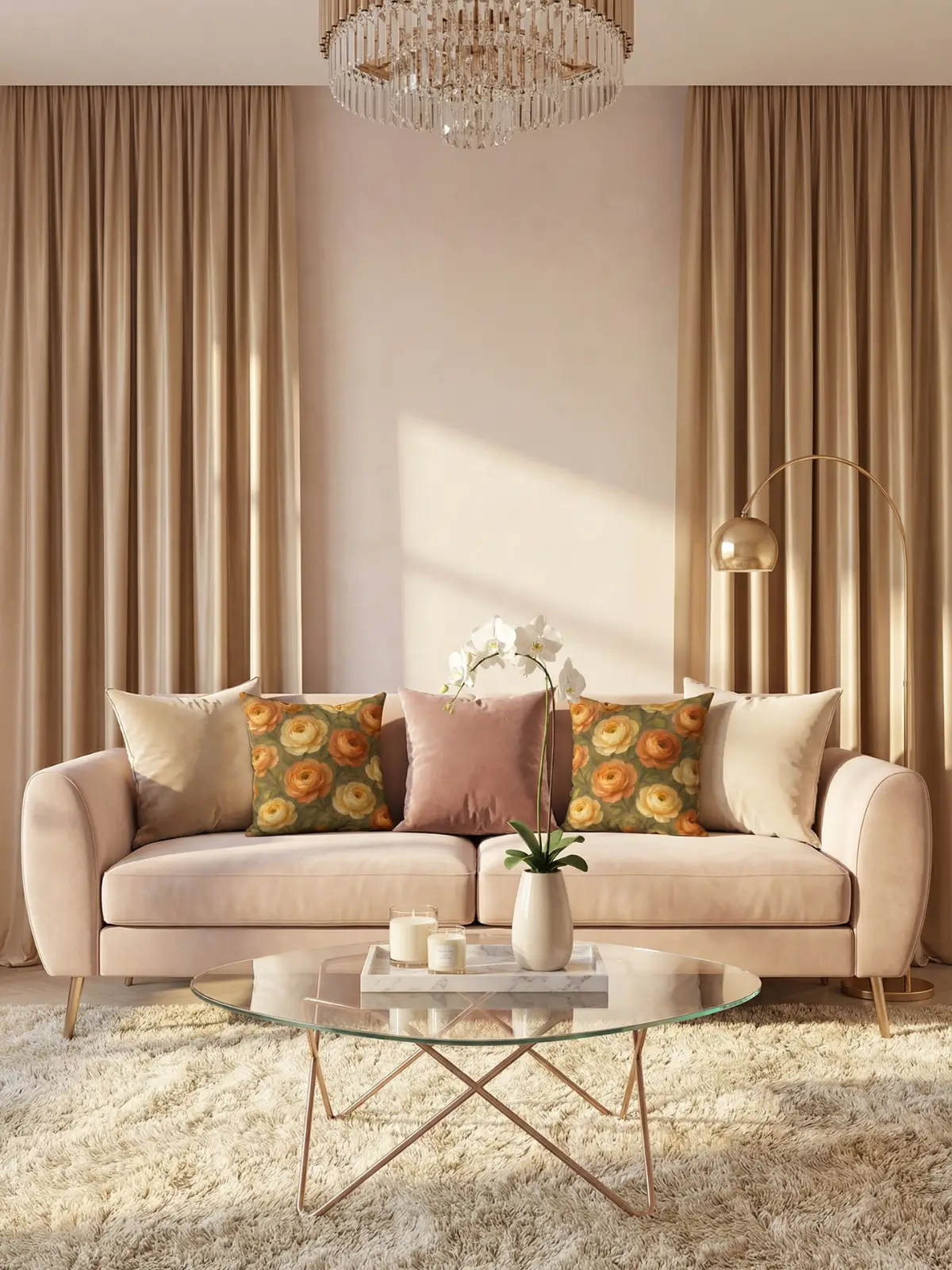Feminine modern glam living room with tan satin curtains, blush velvet sofa, rose-gold glass coffee table, and ranunculus abstract oil pillows