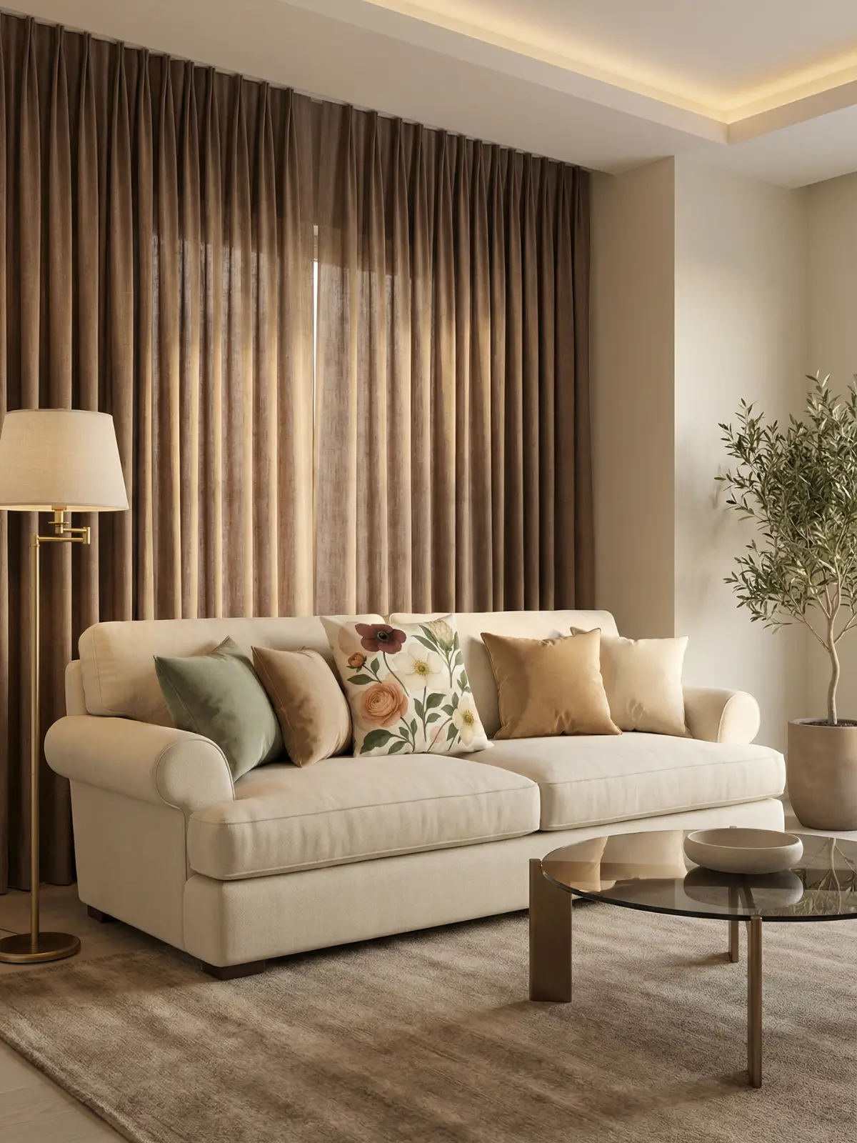 Transitional living room with brown curtains, ivory roll-arm sofa, and ranunculus anemone protea vintage floral pillows