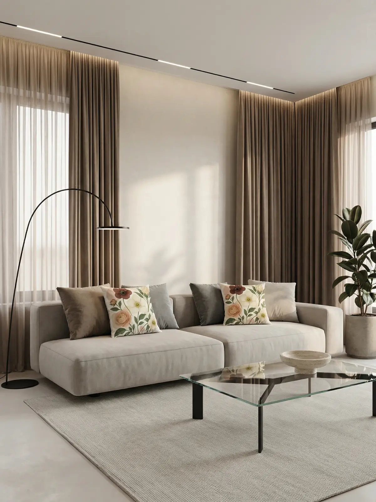 Modern luxury living room with brown curtains, cool beige modular sofa, glass coffee table, and ranunculus anemone protea vintage floral pillows