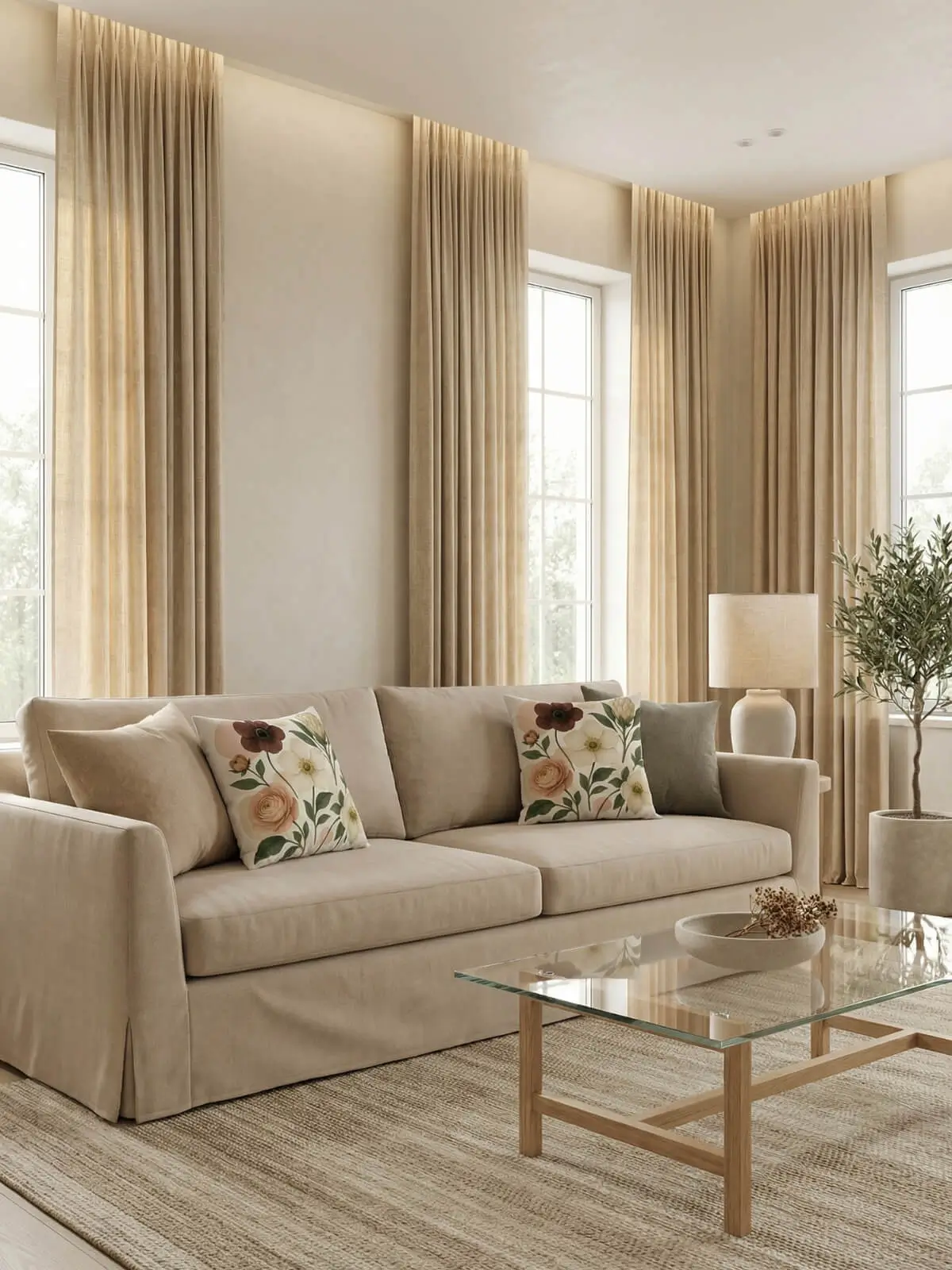 Heritage modern living room with sand curtains, biscuit slipcovered sofa, glass coffee table, and ranunculus anemone protea vintage pillows