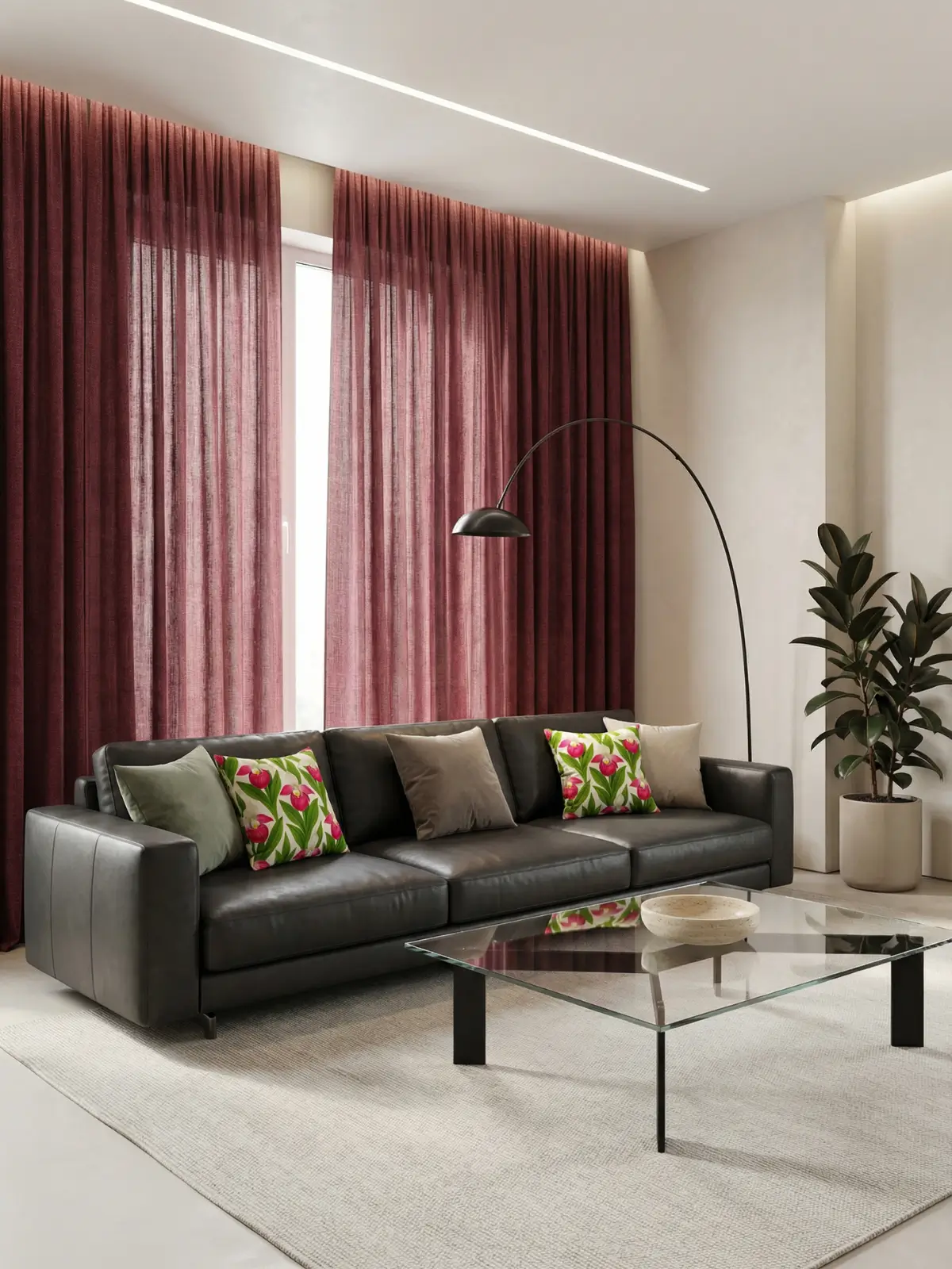 Modern luxury living room with burgundy curtains, charcoal leather sectional sofa, glass coffee table, and showy lady’s slipper floral pillows