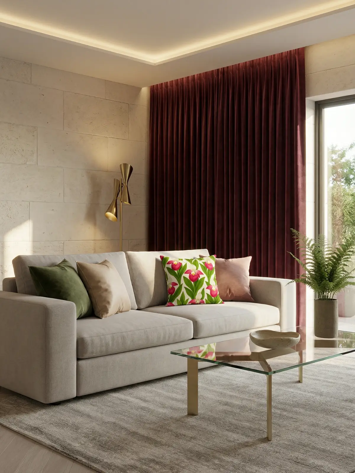 Contemporary living room with burgundy velvet curtains, light gray sofa, and showy lady’s slipper floral pillows