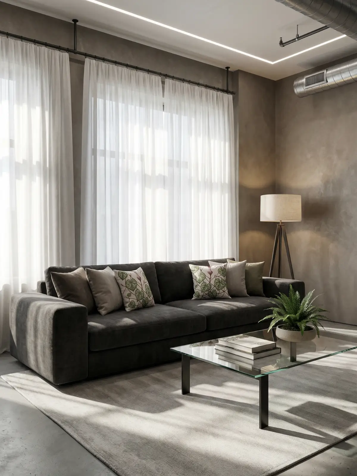 Contemporary loft living room with linen sheer curtains, charcoal chenille sofa, glass coffee table, and string of hearts botanical pillows