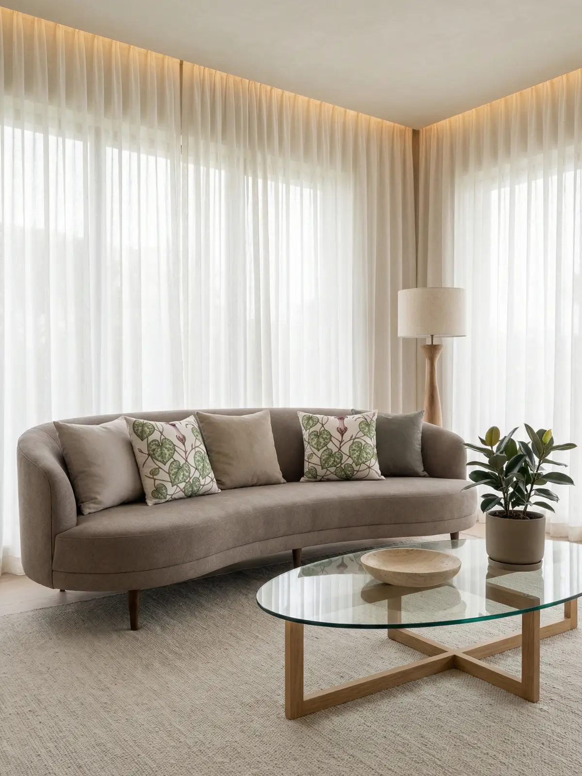 Modern organic living room with linen sheer curtains, curved taupe sofa, oak glass coffee table, and string of hearts botanical pillows