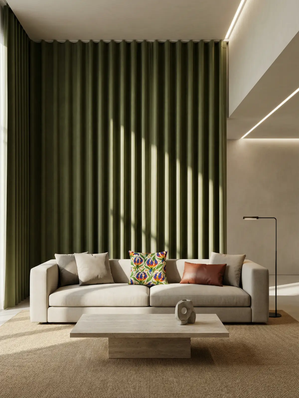 Architectural modern living room with olive green curtains, structured sofa, and gloriosa superba watercolor floral pillow