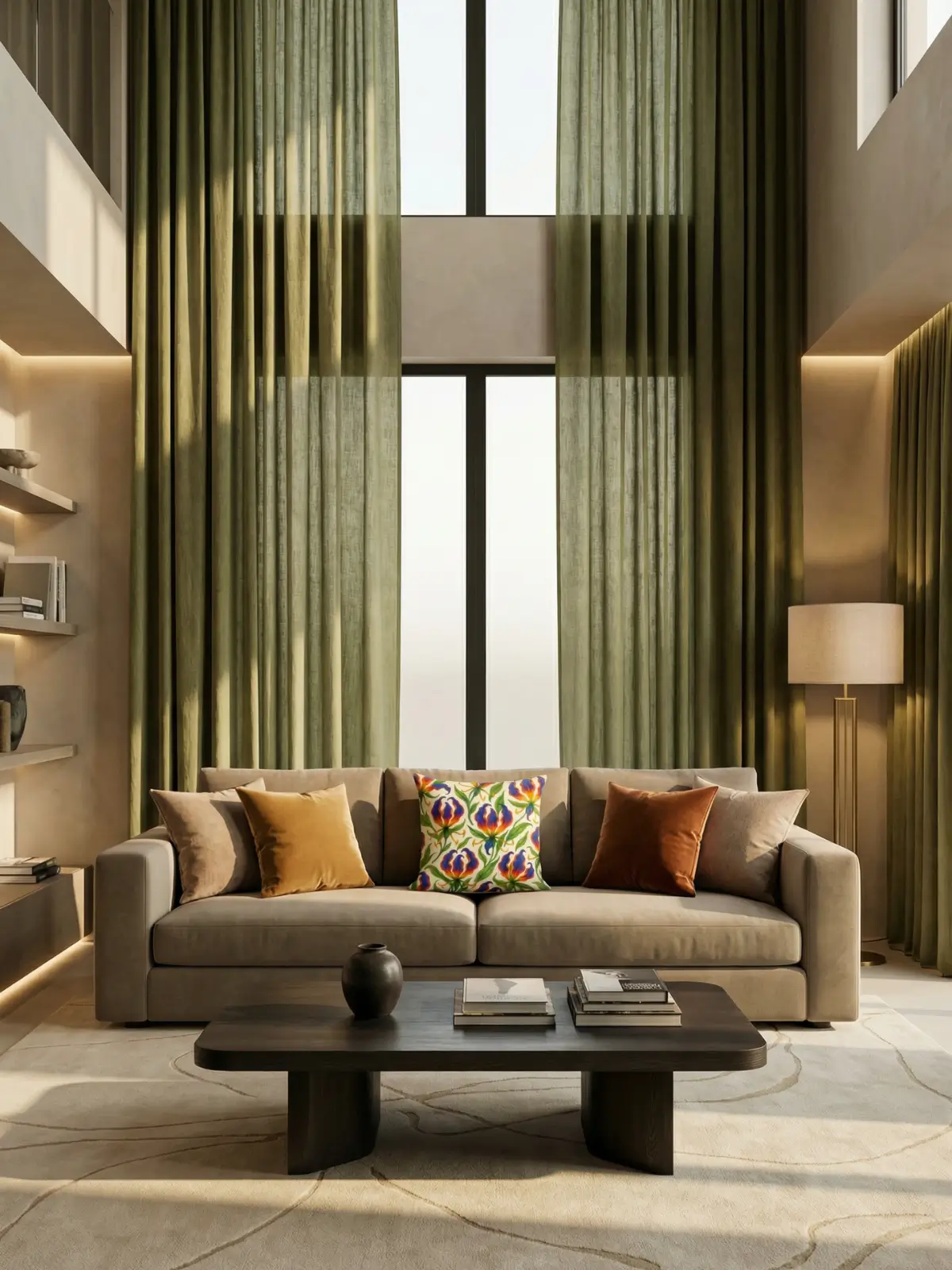 Luxury contemporary living room with olive green curtains, beige sofa, and gloriosa superba watercolor floral pillow