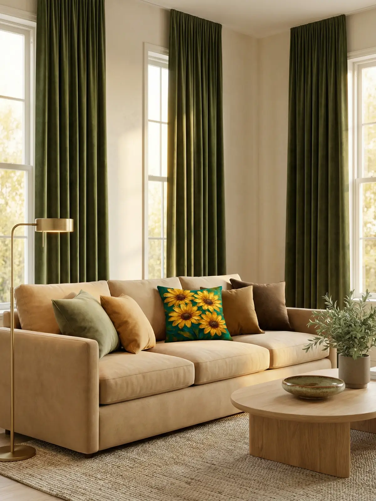 Luxury living room with green velvet curtains, beige sofa, and golden daisy floral pillows