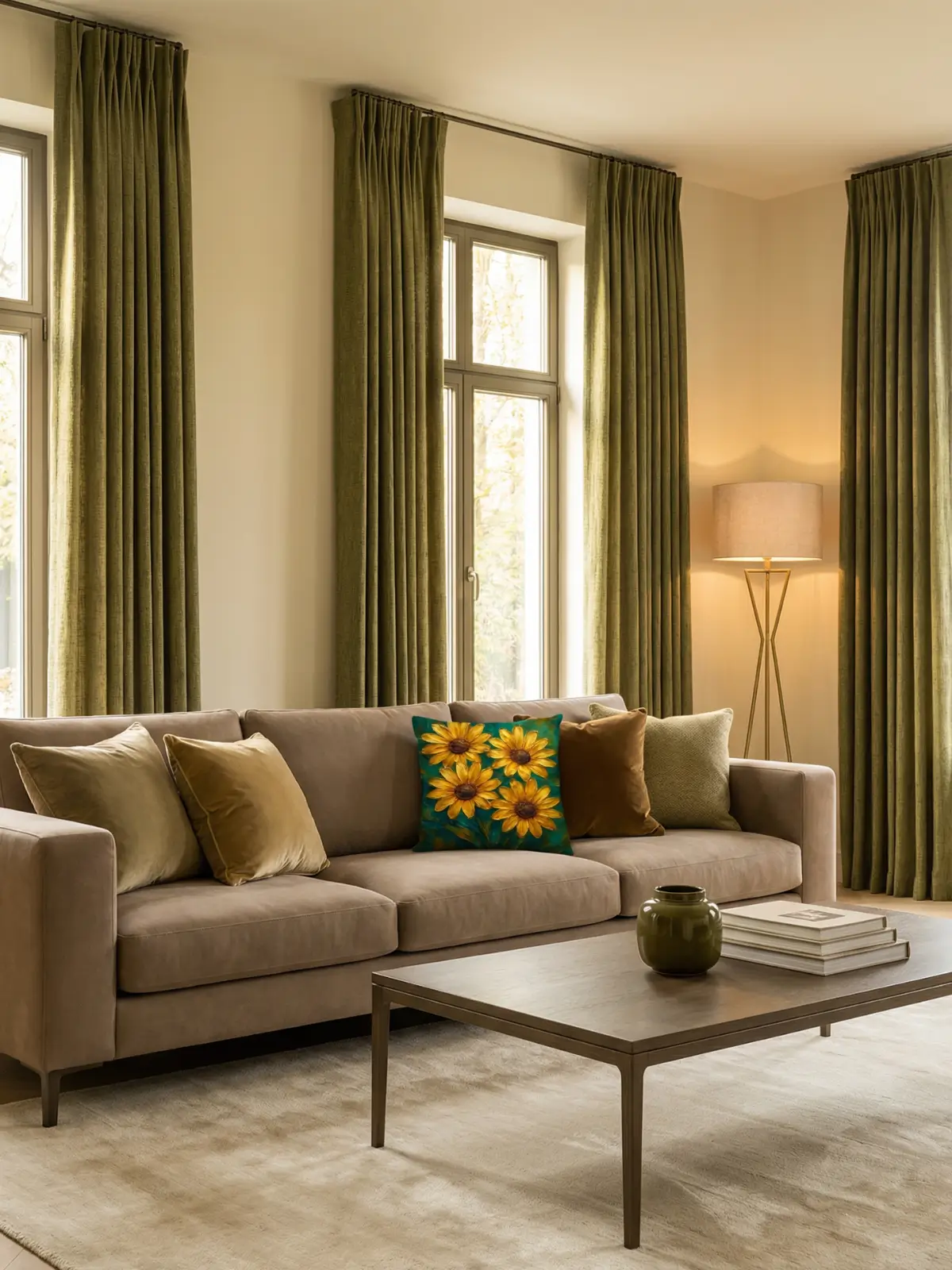 Luxury living room with olive green curtains, taupe sofa, and golden daisy impasto floral pillow