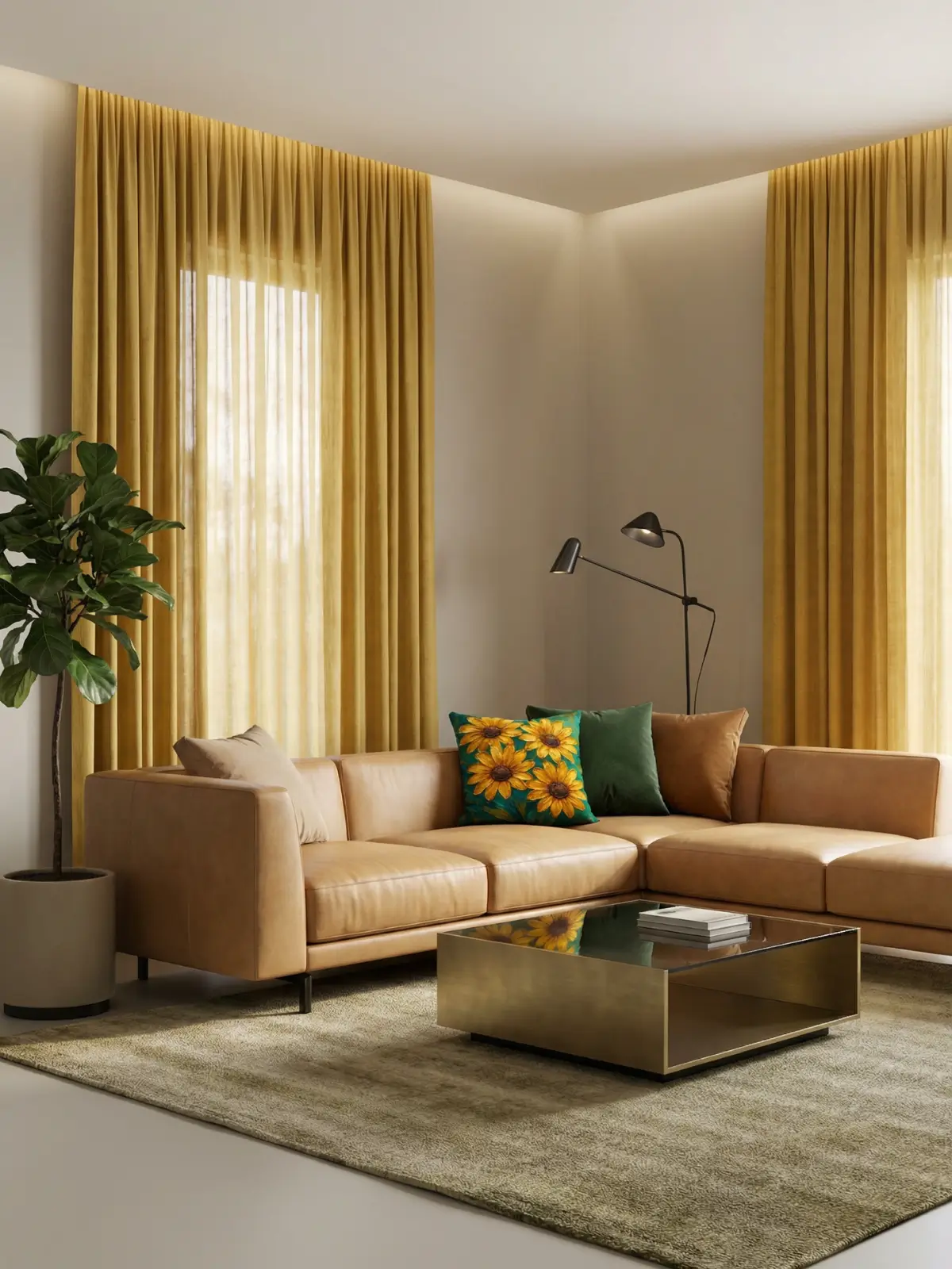 Modern luxury living room with mustard yellow curtains, camel leather sectional sofa, and golden daisy floral pillows