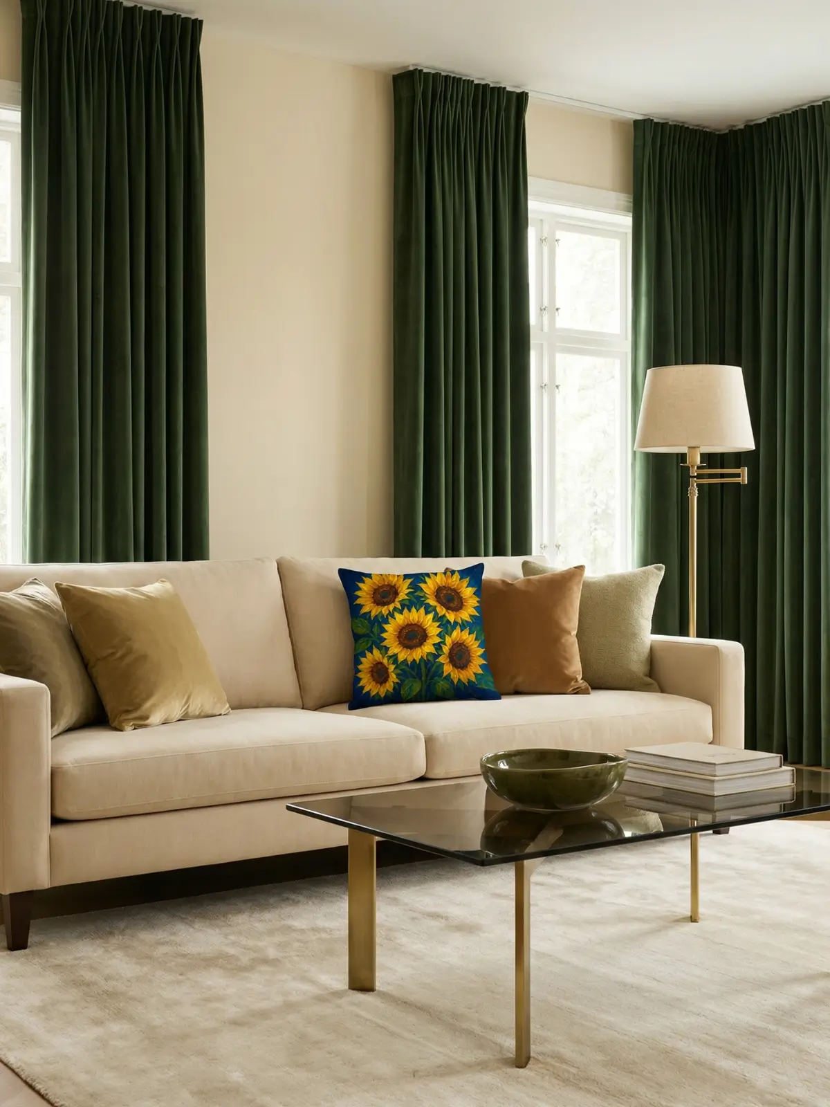 Luxury living room with forest green curtains, ivory sofa, smoked glass coffee table, and golden sunflowers impasto pillow