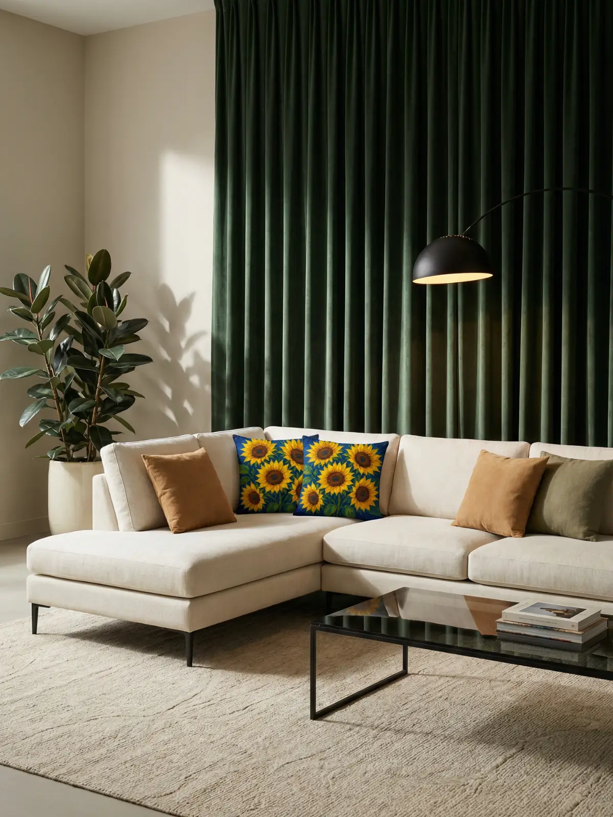 Cream L-shaped sofa with dark green velvet curtains and golden sunflower impasto pillows in a modern luxury living room