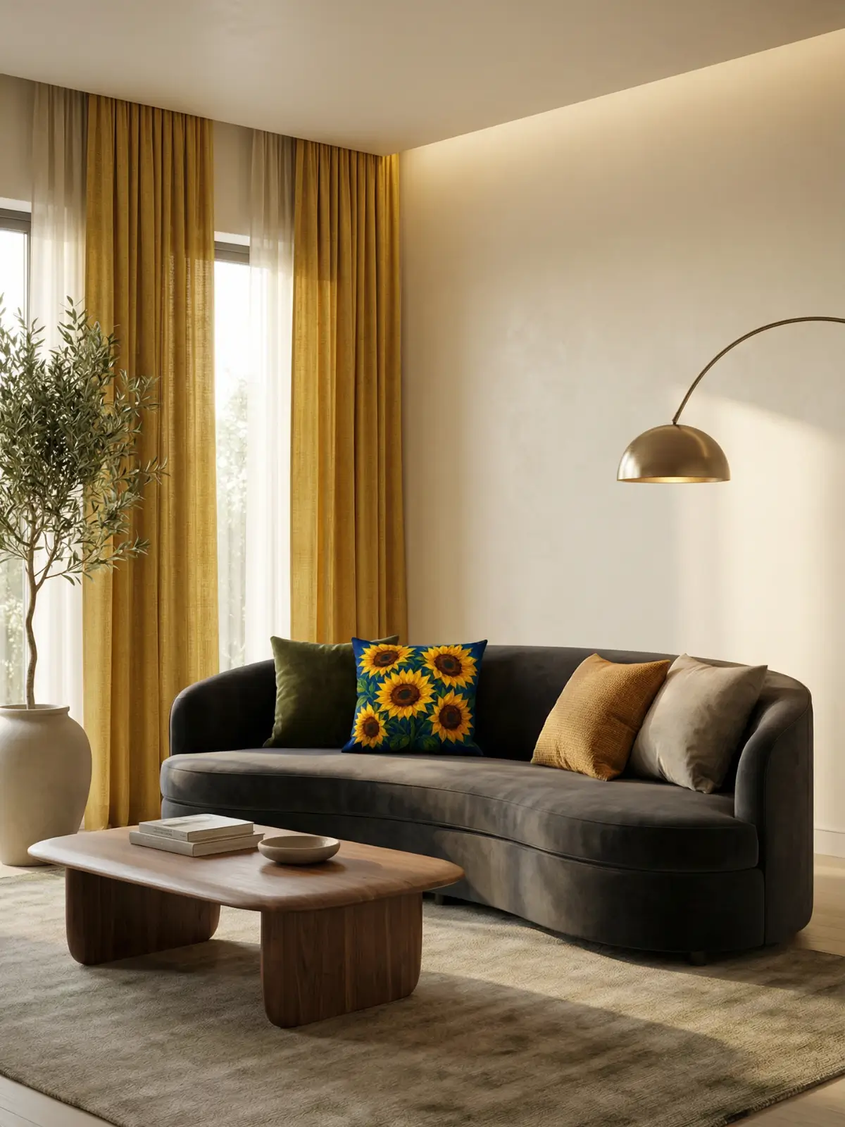 Contemporary living room with mustard yellow curtains, charcoal velvet curved sofa, and golden sunflower floral pillows