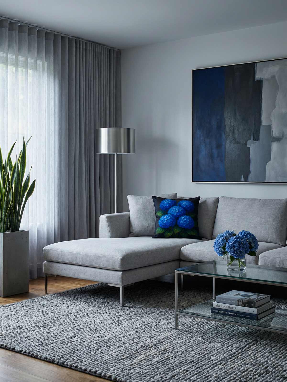 Luxury living room with gray curtains and Blue Hydrangea Impasto Pillow Charcoal on a light gray sectional sofa