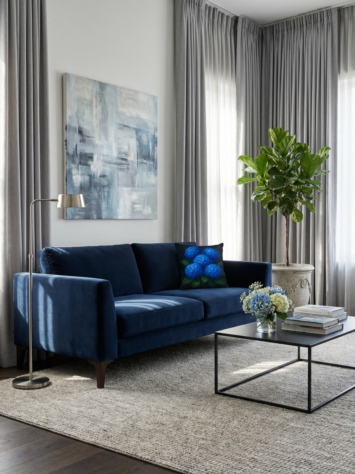 Luxury modern living room with gray curtains and Blue Hydrangea Impasto Pillow Charcoal on a navy sofa