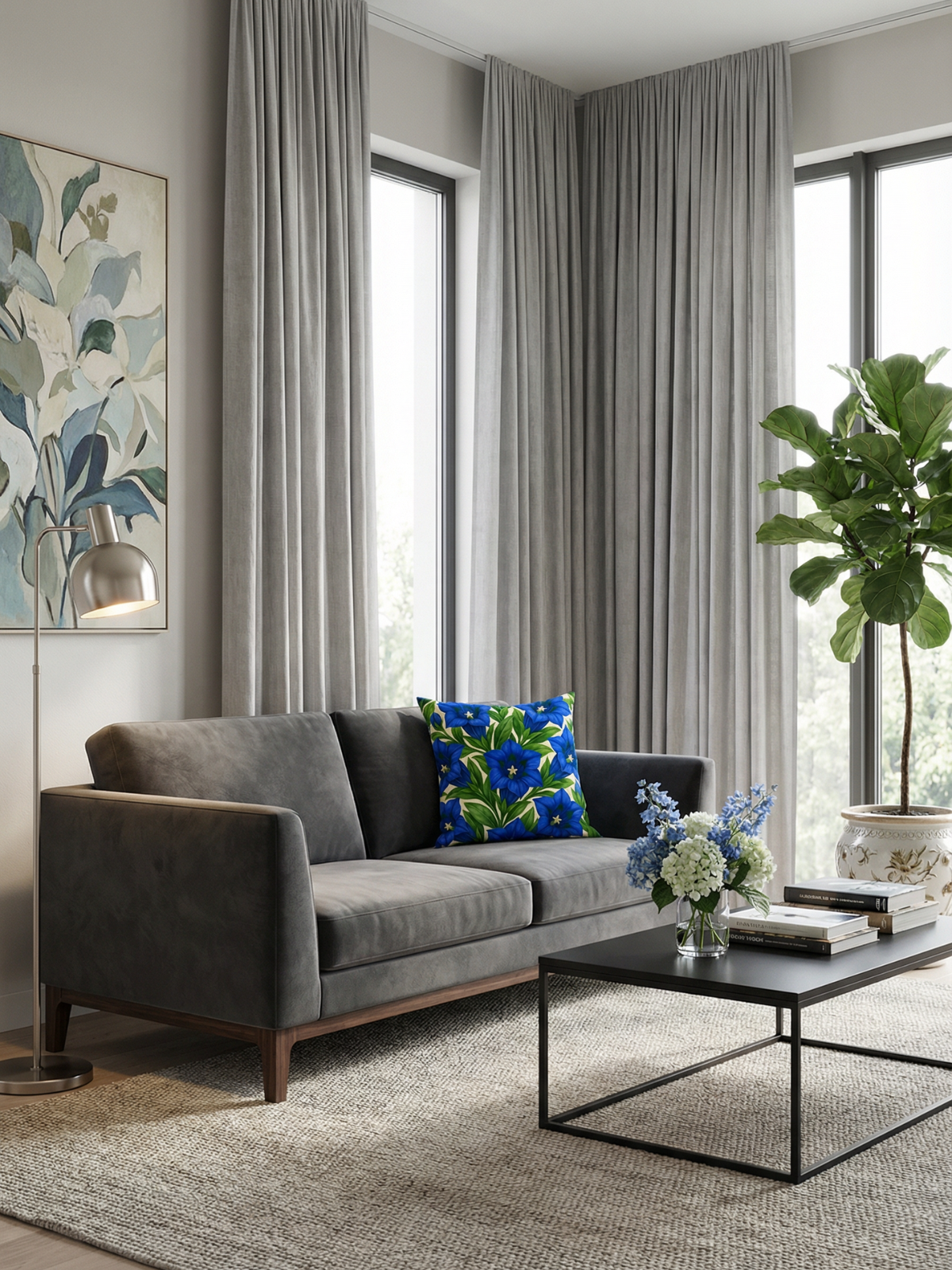 Luxury living room with gray curtains and Trumpet Gentian Botanical Pillow on a charcoal gray sofa