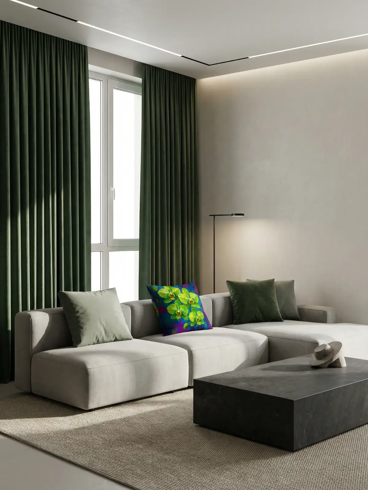 Architectural modern living room with forest green curtains, modular grey sofa, and green orchid impasto pillow