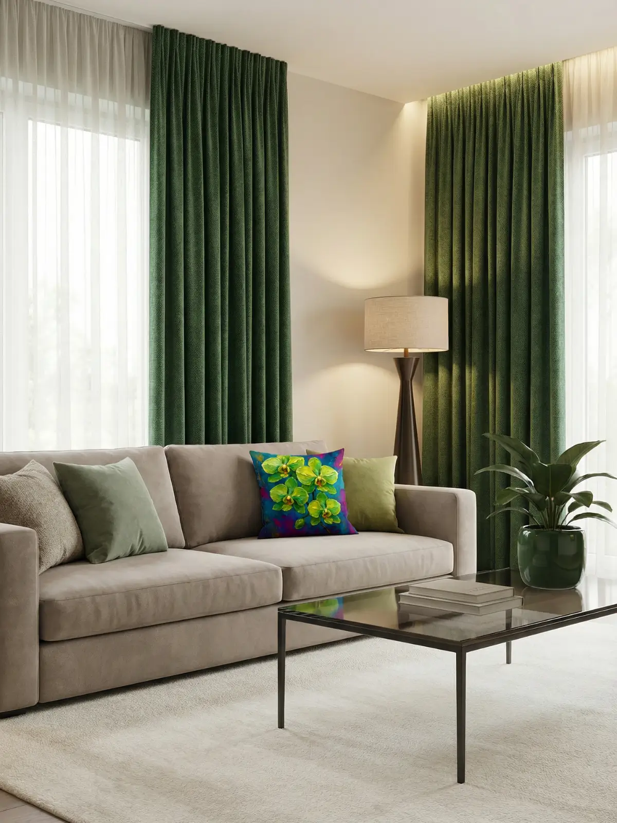Luxury living room with forest green curtains, beige sofa, smoked glass coffee table, and green orchid impasto pillow