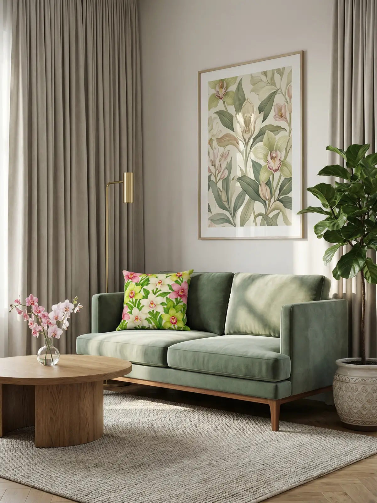 Luxury living room with greige curtains and Cymbidium Orchid Botanical Pillow on a sage green sofa