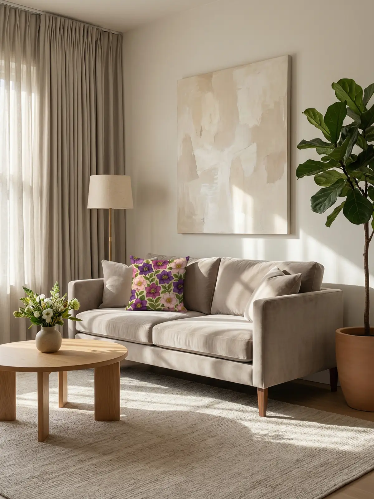 Luxury living room with greige curtains and Hellebore Floral Beige Pillow on a taupe sofa