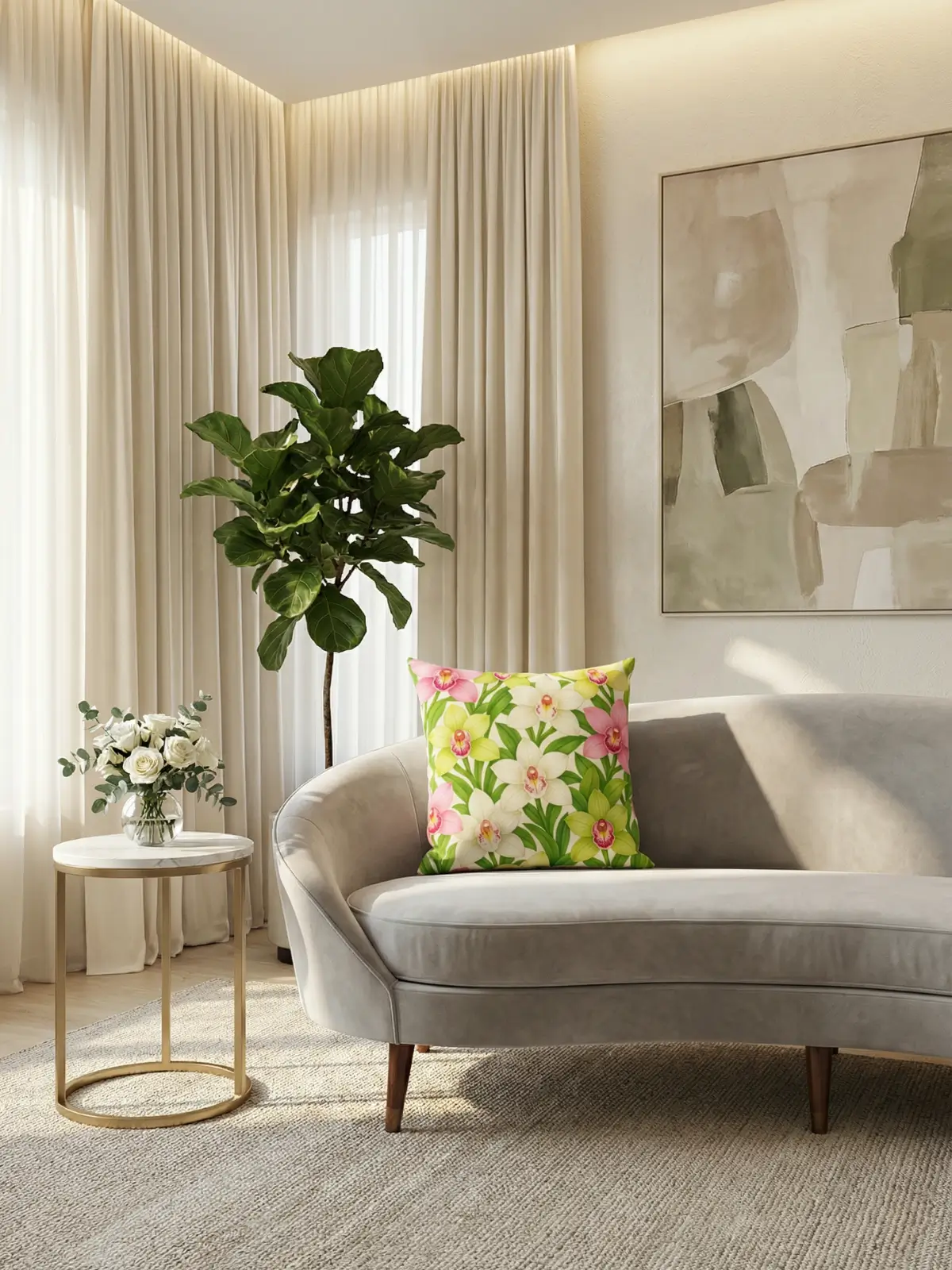 Luxury living room with ivory curtains and Cymbidium Orchid Botanical Pillow on a modern velvet sofa