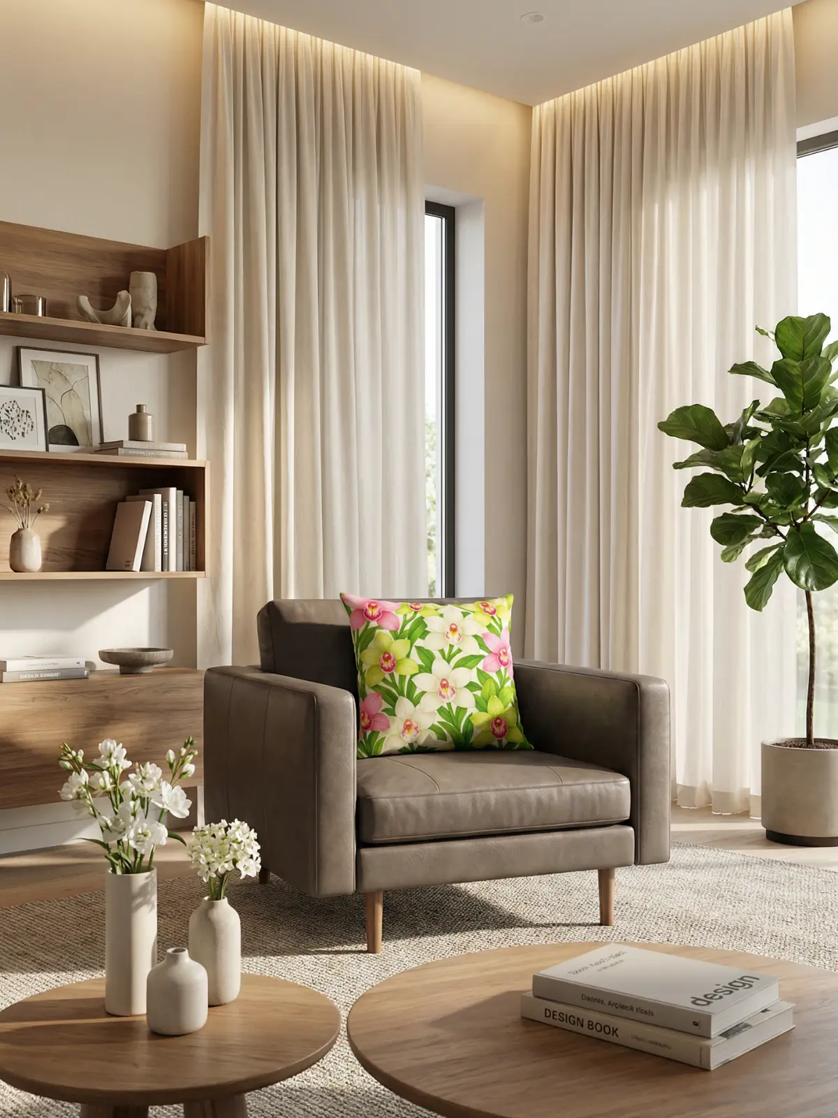Luxury living room with ivory curtains and Cymbidium Orchid Botanical Pillow on a taupe leather armchair