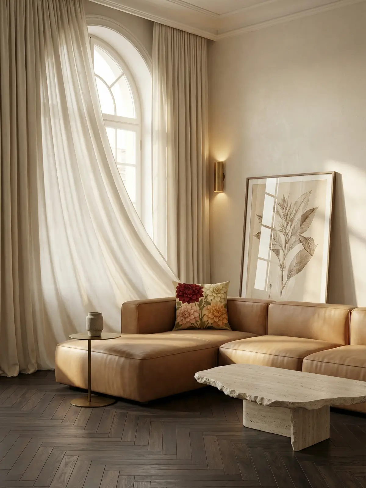 Luxury living room with ivory curtains and Dahlia Vintage Luxury Pillow on a velvet sofa